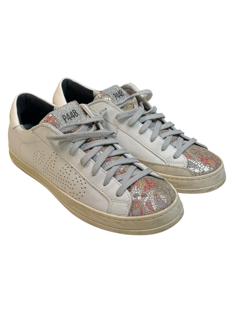 P448 John-W Sneakers White Leather Metallic Floral Toes Glitter Italy 40 / 9.5
